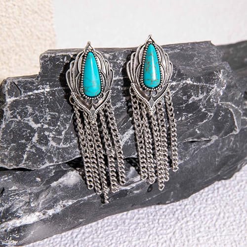 Boho Long Chain Tassel Dangle Earrings Ethnic Geometric Turquoise Stud Earrings Silver Fringe Chandelier Earrings Statement Jewelry for Women
