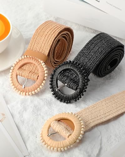 WILLBOND 3 Pcs Women Straw Stretch Belt Elastic Rattan Belts Straw Boho Raffia Belts for Ladies Woven Waist Belt for Dresses - size: Large, style: Cute Style
