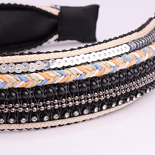 TOBATOBA Knotted Headbands for Women Sequins Pearl Headband Top Knot Head band Turban Boho Head bands for Women Beaded Wide Hairband Fashion Elegant Ladies Hair Band 3 Pack (Black, White, Red) - color: Color 3