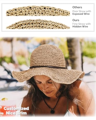Hat Hut Floppy Beach Hat Crochet Straw Sun Hats for Women Wide Brim Handmade Summer Travel Hat Foldable Packable (US, Alpha, One Size, Khaki)