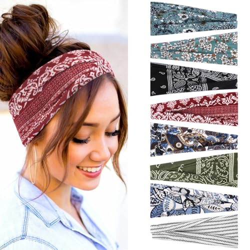 8 Pack Headbands for Women's Hair, Non Slip Wide Headband Hair Wrap, Soft Fabric, Boho Style Hairs Accessories for Women, Elastic Hair Bands for Sports, Yoga, Skincare, Outdoor Occasions - color: #D - 8pc