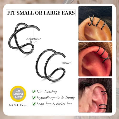 MILACOLATO 4Pcs 925 Sterling Silver Ear Cuffs for Women 14K Gold Plated Adjustable Ear Cuffs Non Piercing Minimalist Ear Cuff Earrings Fake Helix Cartilage Clip on Earrings Hypoallergenic - color: Black