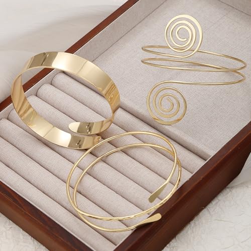 YVVLEE 3Pcs Arm Cuff for Women Open Upper Coil Bangle Bracelets Armlet Gold Silver Adjustable Armband Arm Bracelet Set - color: B