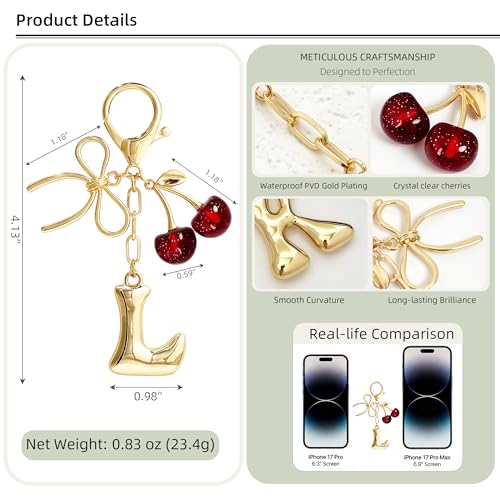 Cute Initial Cherry, Bow, Heart & More Styles - Personalized Keychain Bag Charms & Purse Accessories for Handbags - color: Red Cherry, style: L