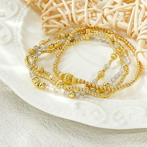 Dainty 14K Gold Lantern Beaded Bracelets Stack for Women,4PCS Colorful Glass Beads Stretch Stackable Bracelets Set Fashion Prom Jewelry Gift Friendship - color: White