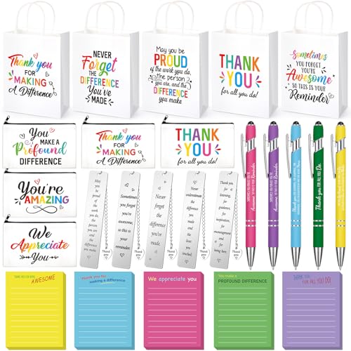 25 Pcs Employee Appreciation Gift for Women Employee Kraft Paper Bags Makeup Bags Sticky Notes Ballpoint Pens and Bookmarks for Tutor Appreciation Week Gift Sets Bulk - style: Employee