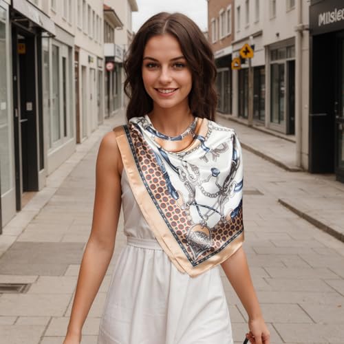 RIIQIICHY Head Scarf for Women Like Silk Scarf Hair Scarf Printed Square Scarf Bandanas for Women 35 Inches - color: Beige/Blue