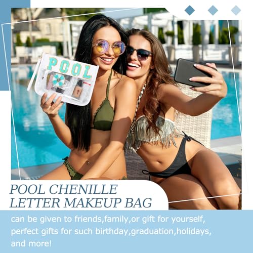 Hillban 2 Pcs Pool Bag Makeup Cosmetic Bag Clear Sunscreen Toiletry Zipper Pouch Beach Travel Summer Stuff Preppy Chenille Letter Patch Pouch PVC Waterproof Organizer Storage Mini Purse for Women - style: Pool Theme