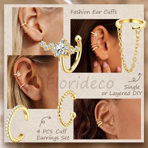 Florideco 4 PCS Ear Cuffs Non Piercing Hypoallergenic 14K Gold Plated Ear Cuff Earrings for Women Trendy CZ Clip On Cartilage Earring Set Dainty Adjustable Fake Piercings Earrings - color: Northstar: 14K Gold Plated