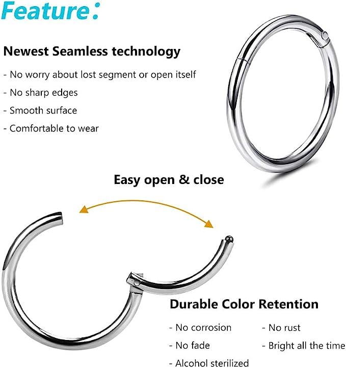 4Pcs 16G 18G 20G Surgical-Steel-Piercing-Ring-Nose-Rings-Hinged-Hoop-Earrings,6mm 8mm 10mm 12mm Seamless Stainless Steel Clicker Eyebrow Septum Piercing Hoop,Sliver Black Gold Rose Gold Rainbow Body Jewelry Set - color: 16G 8mm Silver
