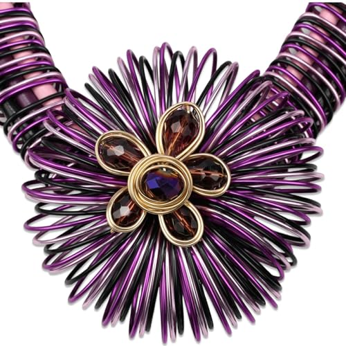 Ethnic Crystal Rhinestone Pendant Necklace Earrings Set Women Handmade Tribal Collar Choker Chunky Metal Bib Rope Chain African Statement Jewelry Set - color: NXR1418-purple