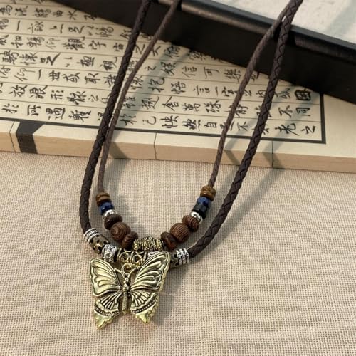 Boho Braided Rope Necklace for Women Vintage Butterfly Feather Adjustable Wooden Beads Layered Necklace Bohemian Wolf Tooth Totem Tribal Ethnic Style Jewelry - style: Butterfly