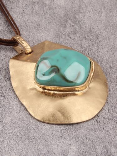 GelConnie Long Necklaces for Women Boho Large Pendant Necklace Casual Bohemian Brown Leather Choker Sweater Circle Statement Stone Necklace - style: Bohemian Turquoise Leather Necklace