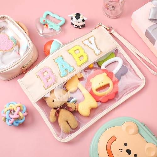 Hillban 2 Pcs Baby Bag Set Chenille Letter Bags Preppy Patch Makeup Pouch Baby Travel Pouch Waterproof Portable Toiletry Storage for Women Mom - style: Baby Theme