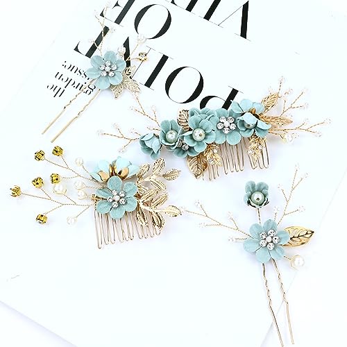inSowni 20 Pieces Rhinestone Pearl Bridal Wedding Party Prom Light Green Flower Hair Side Combs Slides +U-shaped Floral Hair Pins+Twist Spiral Pearl Hairpins for Brides Bridesmaids Girls Women - color: Light Green