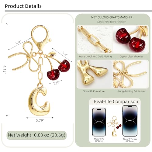 Cute Initial Cherry, Bow, Heart & More Styles - Personalized Keychain Bag Charms & Purse Accessories for Handbags - color: Red Cherry, style: C