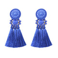 boderier Bohemian Statement Thread Tassel Chandelier Drop Dangle Earrings with Cassandra Button Stud - color: Royal Blue