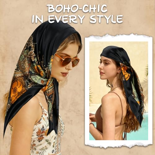 Large Square Head Scarf Bandana - 35" Satin Hair Scarf for Women Like Silk Scarf Fashion Hair Wrapping - color: Paisley(black), size: 35IN*35IN