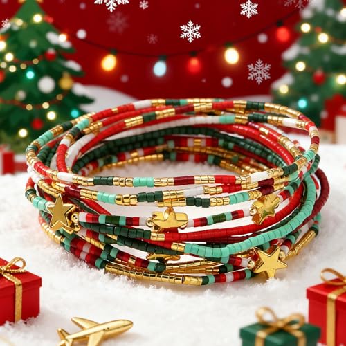 Dainty Gold Beaded Star Bracelets Stack for Women,Handmade Boho Colorful Beads Bracelet Fashion Prom Holiday Jewelry Gift Friendship Family - color: Christmas-3
