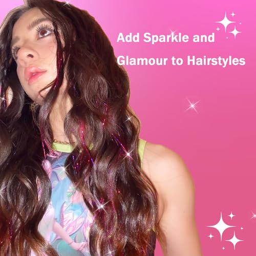 NIACONN Glitter Hair Tinsel Extensions Kit Pink with Tools and Beads, 48 Inch Sparkly Fairy Colorful Tensile Strands Shiny Hair Accessories for Women Girls Kids - color: Pink