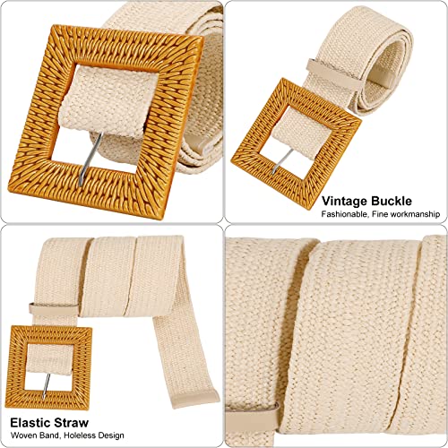 VONMELLI 3 Pack Straw Woven Elastic Stretch Waist Belt Fashion Boho Dress Braided Belts for Women Khaki Beige Black M