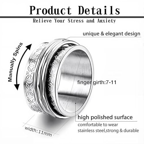 Stainless Steel Rings for Men Women, Vintage Chunky Silver Spinner Ring Band for Meditation, Relaxation& Stress Relief, Retro Wide Wrap Thumb Finger Midi Rings, Statement Cool Punk Band Ring Jewelry - color: R08Color4