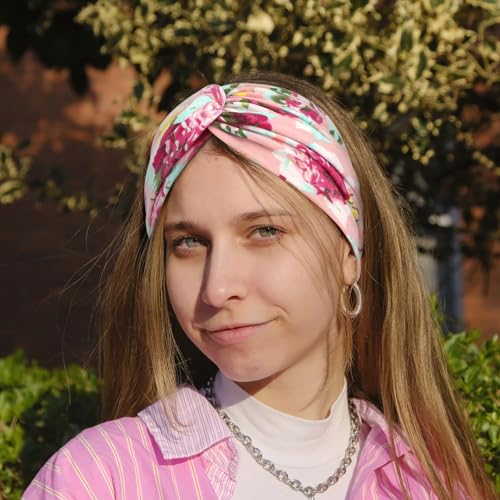 DRESHOW 6 Pack Boho Non-Slip Headbands for Women Girls Yoga Workout Running Knotted Turban Floral Printed Elastic Head Wrap - color: 6 Pack: Floral Printed a