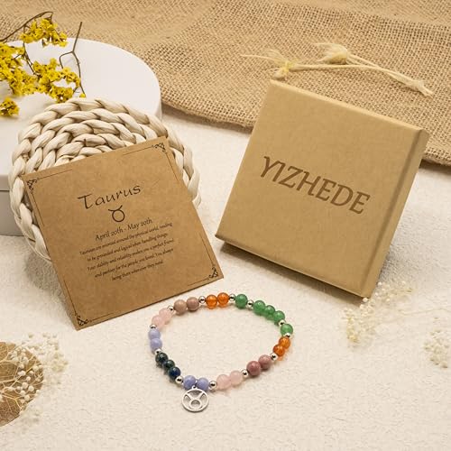 Zodiac Natural Stone Bracelet – Handmade Crystal Healing Bracelet with Zodiac Charm – Adjustable Beaded Jewelry Gift for Women Men Girls - color: Taurus