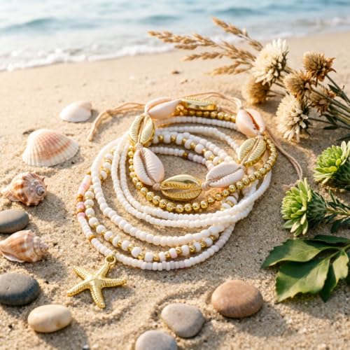 Beach shell sea star sea bead anklet set for Women, adjustable gold-plated Bohemian shell bracelet for ankle Fashion Layered anklet - color: Starfish 7Pcs