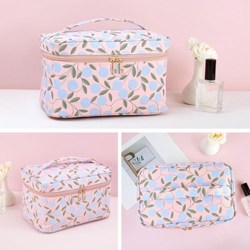 MAANGE Travel Makeup Bag, Cosmetic Bag, Portable Large Capacity Makeup Case, Make Up Organizer For Women, Oxford Cloth Toiletry Bag With Handle (Pink Plants) - color: 1 Piece-Large