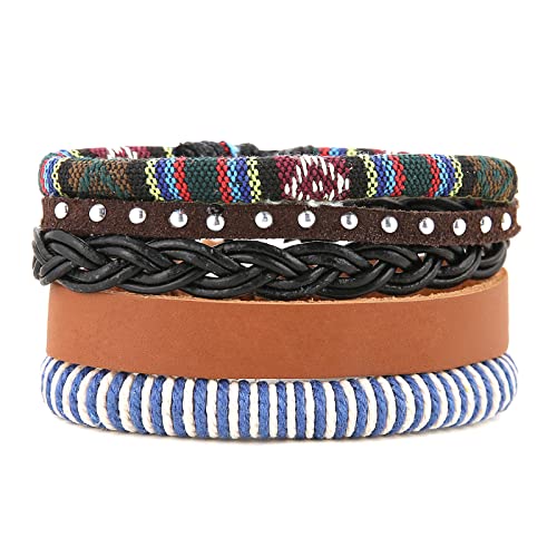 HZMAN Wrap Bracelets Men Women, Hemp Cords Wood Beads Ethnic Tribal Bracelets, Leather Wristbands - style: Blue Hemp Rope
