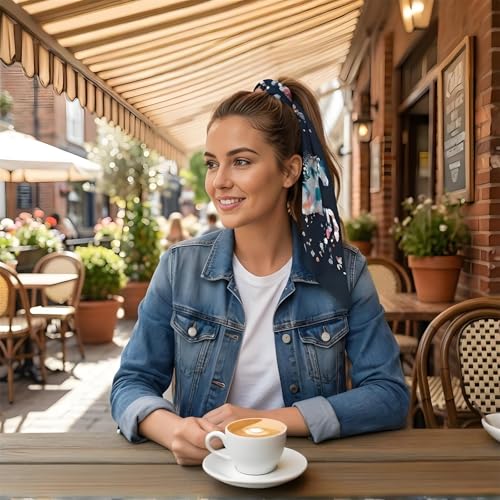 Premium Floral Scarf for Women 35x35 Square Silk Feel-Lightweight Scarves Headscarf Bandanas Wrapping Handbag - color: Floral Stallion (Navy)