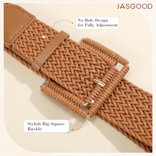 JASGOOD Women Wide Woven Belt for Dresses Rattan Waist Belt Braided Boho Belt with Square Buckle - color: Brown, size: Fit Waist Size 23-27inch