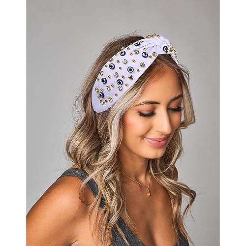 mokkia Knotted Headband for Women Evil Eye Headbands Beaded Rhinestone Crystal Knotted Headbands Sparkly Bejeweled Embellished Top Knot Headband Summer Fashion Hair Accessory (White)