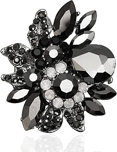 CSY Luxury Women's Austrian Crystal Leaves Flower Big Cocktail Statement Rings Stretch Adjustable Ring Jewelry Accessories - color: Black