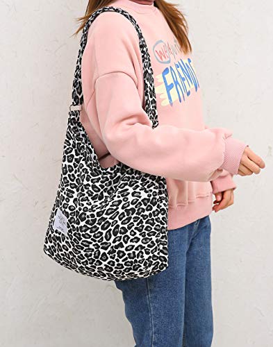 Covelin Women's Retro Large Size Canvas Shoulder Bag Hobo Crossbody Handbag Casual Tote - color: Leopard White