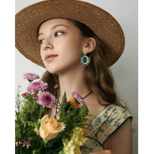 Handmade Bohemian Vintage Gold Sparkly Crystal Round Flower Leverback Earrings Cute Rhinestone Geometry Dangle Drop Earring for Women - color: Emerald