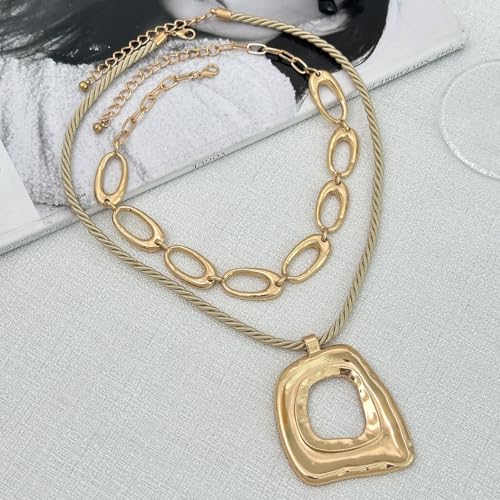 Chunky Gold Necklace for Women, Layered Cross Pendant Pearl Necklace, Stacked Thick Gold Jewelry, Geometric Square Oval Chain, Big Gold Pendant Fashion Accessories - style: Style A
