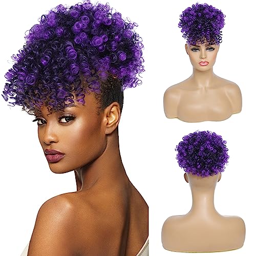 Drawstring Ponytail with Bangs Afro Puff Ponytail Extensions for Women Short Curly Puff Ponytail with Bangs Clip in Wrap Updo Hairpiece(Tpurple) - color: Tpurple