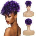 Drawstring Ponytail with Bangs Afro Puff Ponytail Extensions for Women Short Curly Puff Ponytail with Bangs Clip in Wrap Updo Hairpiece(Tpurple) - color: Tpurple