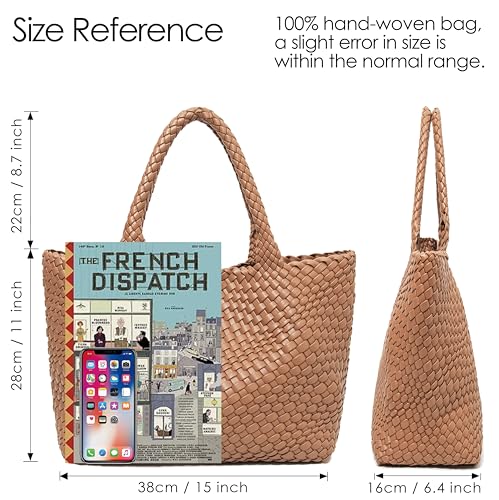 Handmade Woven Tote Bag for Women, Soft Vegan Leather Shoulder Bag with Purse, Large Travel Handbag - color: Brown