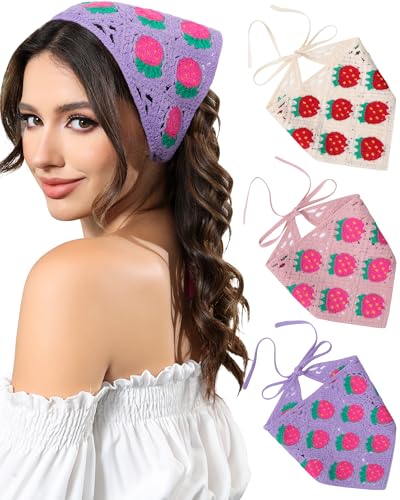AWAYTR Crochet Head Scarf Hair Bandanas Women Knit Bandana Headband Scarf Tie-Back Head Coverings Floral Headscarf - color: White / Purple / Pink
