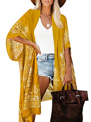 Breezy Lane Kimonos for Women Swimsuit Coverups Beach Cover Up Swimwear Cardigan Summer - color: A Mustard Print