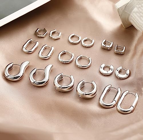 HILXURY Gold Chunky Hoop Earrings Set for Women, 14K Gold Plated Twisted Huggie Hoop Earring Hypoallergenic, Thick Open Hoops Set Lightweight - color: 9 Silver hoops
