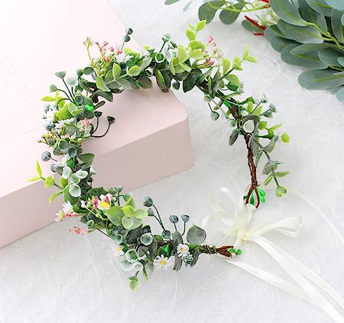 Vivivalue Floral Crown Flower Garland Headband Hair Wreath Floral Headpiece Halo Boho with Ribbon Wedding Party Festival Photos - color: Z