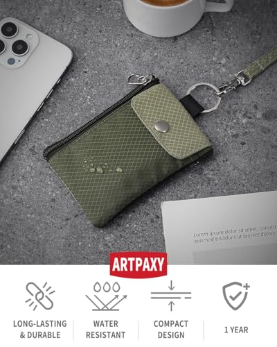 Artpaxy Minimalist Wallet For Mens Womens, Keychain RFID Blocking Zipper Small Wallet with ID Window 2 Lanyards,Water Resistant Travel Cash Card Coin Case Boys Girls - color: Army green+Light gray green, style: Casual