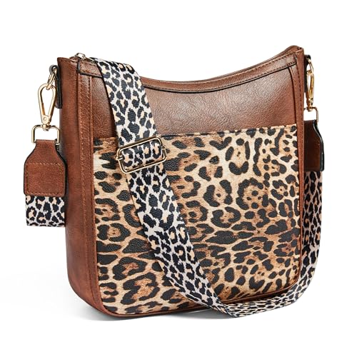 Crossbody Bags for Women Crossbody Purse for Women Vegan Leather Hobo Purses Shoulder Handbags for Daily Travel Work - color: Brown With Leopard