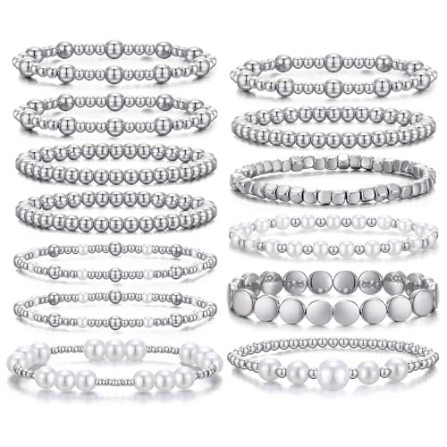 KISS WIFE Bracelets for Women, 13 Pcs Gold Silver Beaded Bracelet Stack with Faux Pearl, Stretch Elastic Strand Ball Fashion Jewelry Set, Adjustable Accessories Gifts - color: Silver