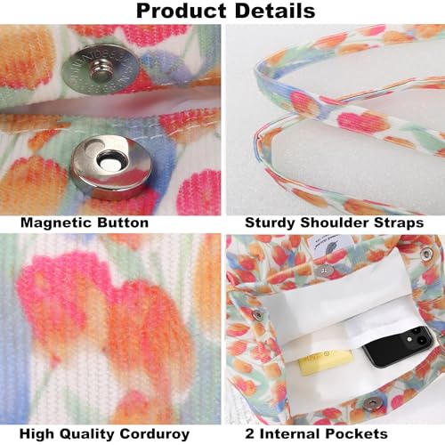 Corduroy Tote Bag for Women Small Canvas Shoulder Purse Cord Handy Bag with Inner Pocket | with Front Pocket - color: 03 Tulip