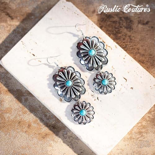 Rustic Couture's Western Earrings for Women Cowgirl Country Concho Dangling Western Statement Jewelry - color: H-Turquoise